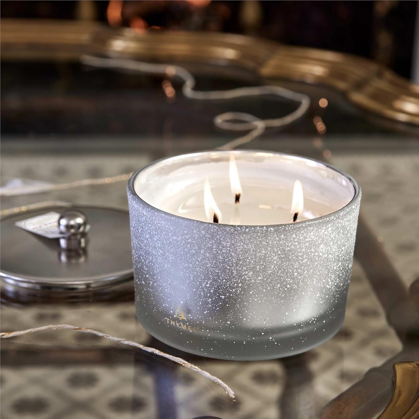 Thymes Flocked 3 Wick Holiday Candle 18Oz - Frasier Fir