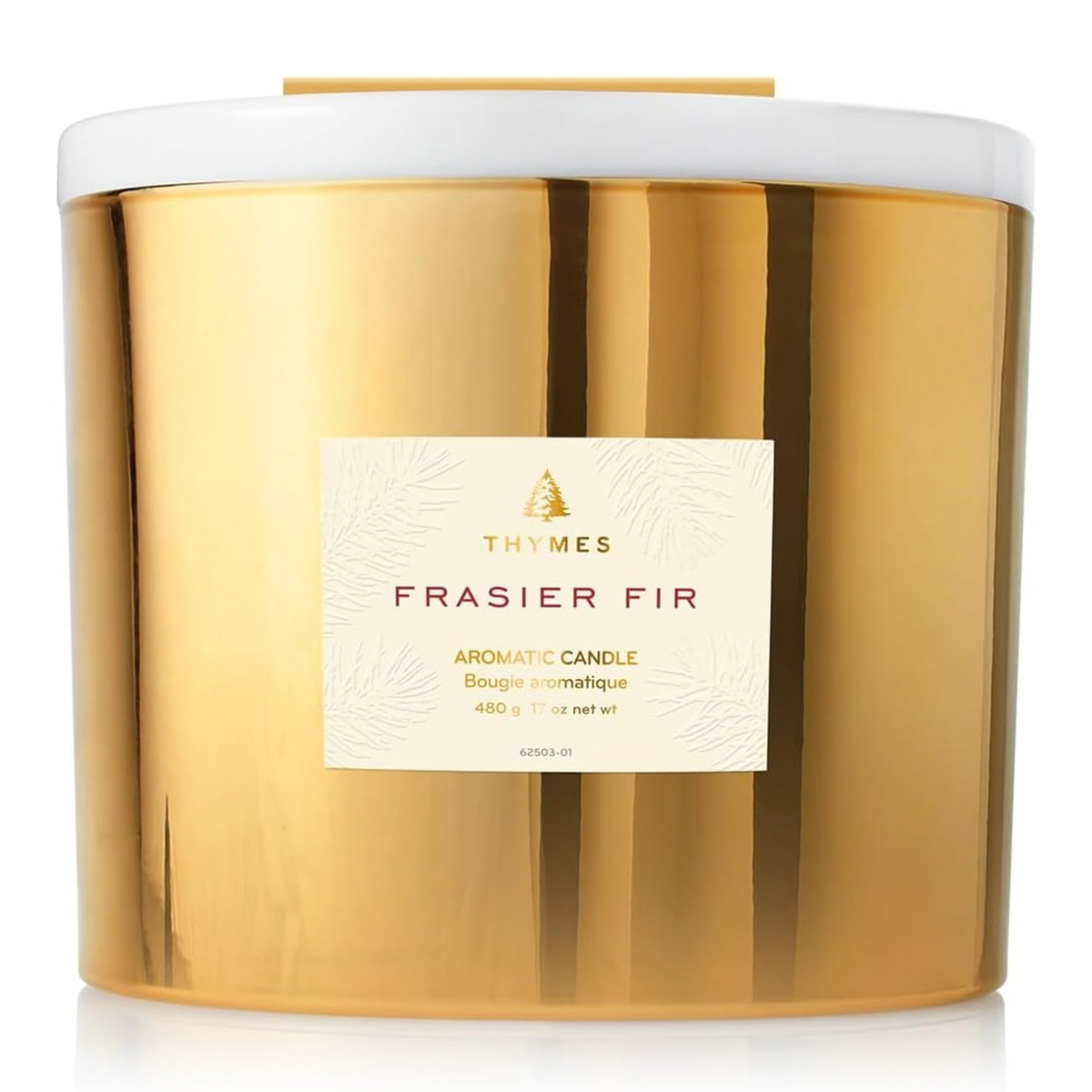 Thymes Gilded Gold Holiday Candle | Frasier Fir | Crisp Siberian Fir, Cedarwood & Sandalwood