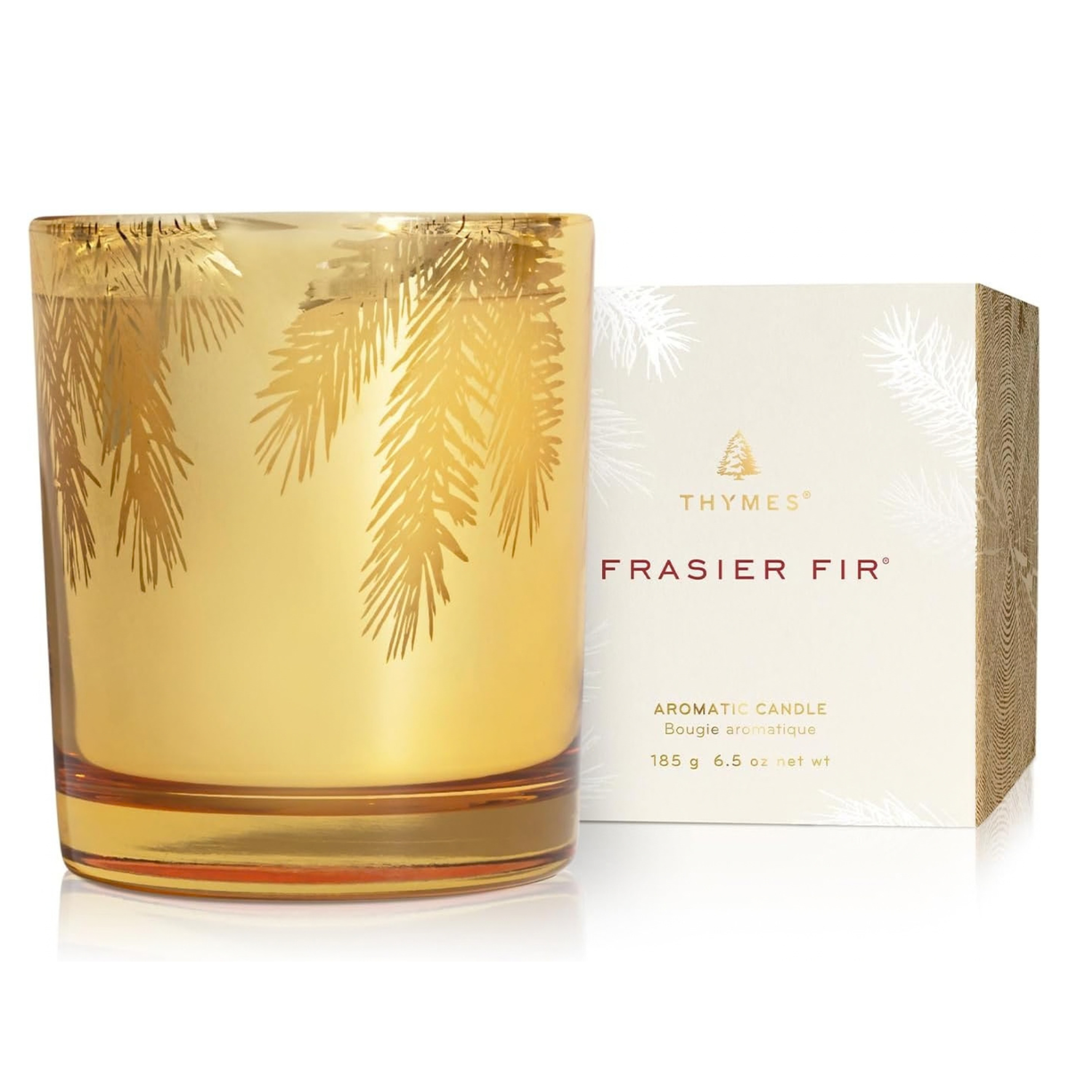 Thymes Gilded Gold Holiday Candle | Frasier Fir | Crisp Siberian Fir, Cedarwood & Sandalwood