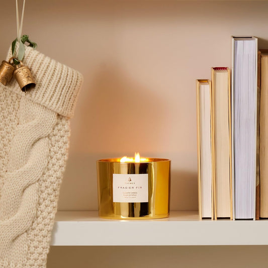 Thymes Gilded Gold Holiday Candle | Frasier Fir | Crisp Siberian Fir, Cedarwood & Sandalwood