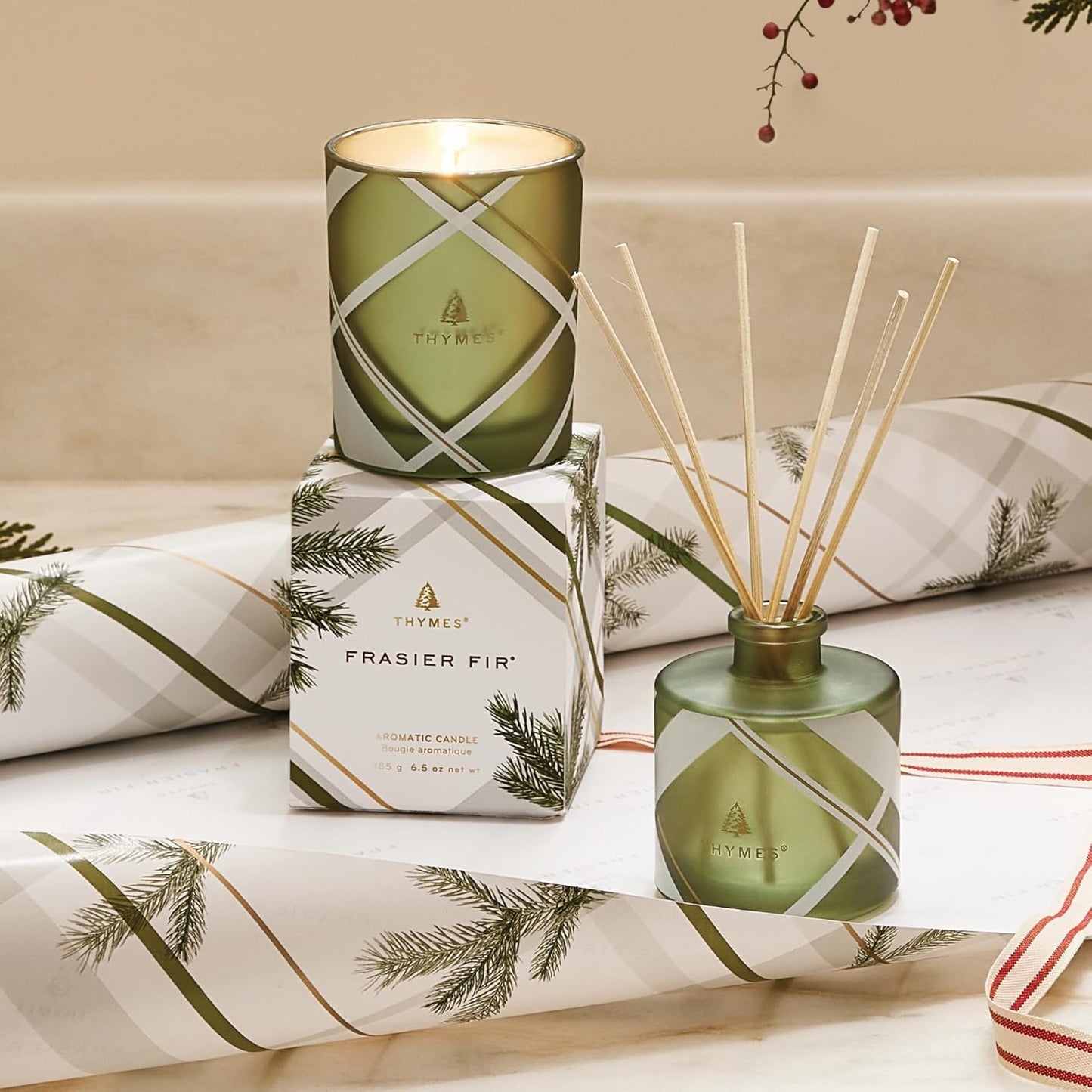 Thymes Frosted Plaid Poured Holiday Candle 6.5Oz - Frasier Fir