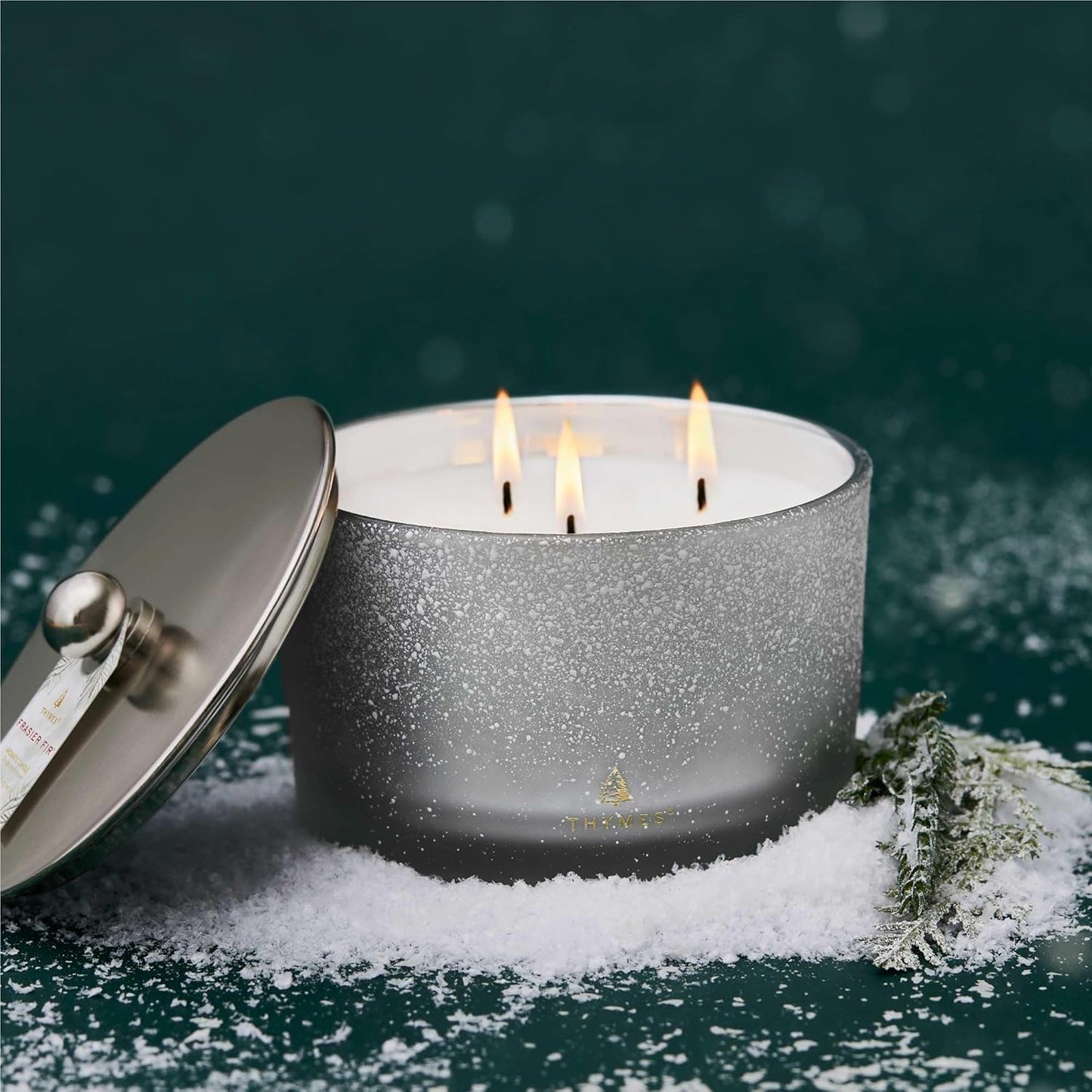 Thymes Flocked 3 Wick Holiday Candle 18Oz - Frasier Fir