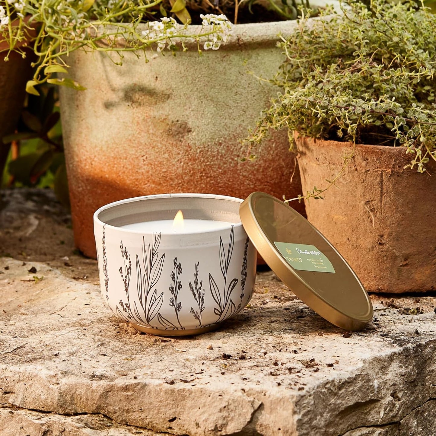 Thymes Outdoor Oasis Poured Candle Tin with Gold Lid - Citronella Grove